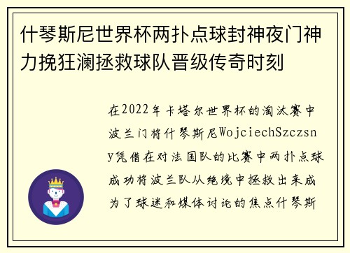 什琴斯尼世界杯两扑点球封神夜门神力挽狂澜拯救球队晋级传奇时刻