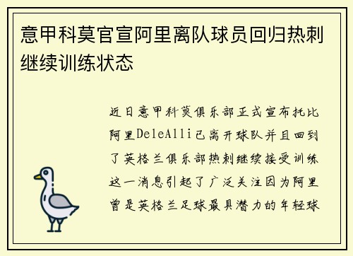 意甲科莫官宣阿里离队球员回归热刺继续训练状态